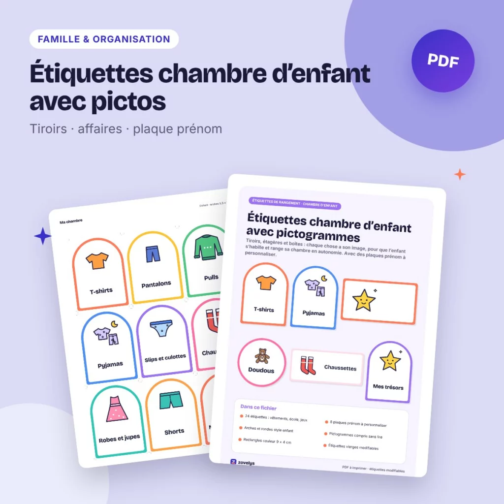 Étiquettes chambre d’enfant avec pictos – tiroirs, vêtements, plaque prénom