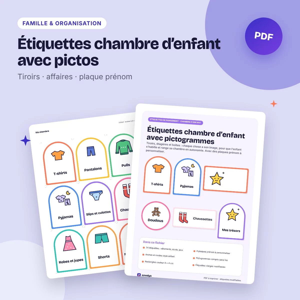 Étiquettes chambre d’enfant avec pictos – tiroirs, vêtements, plaque prénom
