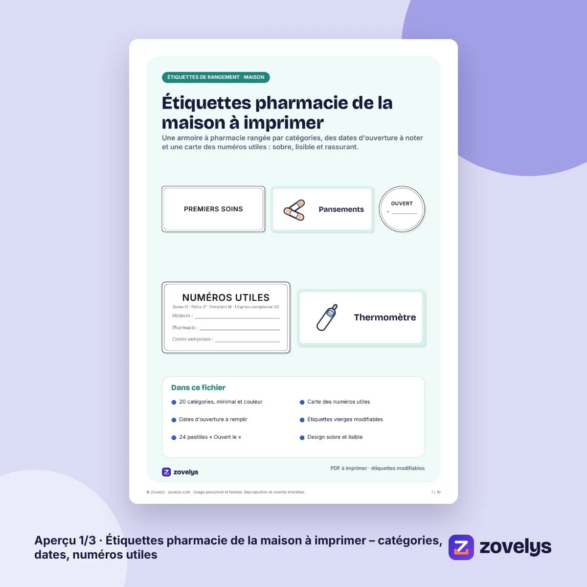 Étiquettes pharmacie de la maison à imprimer – catégories, dates, numéros utiles – aperçu 1