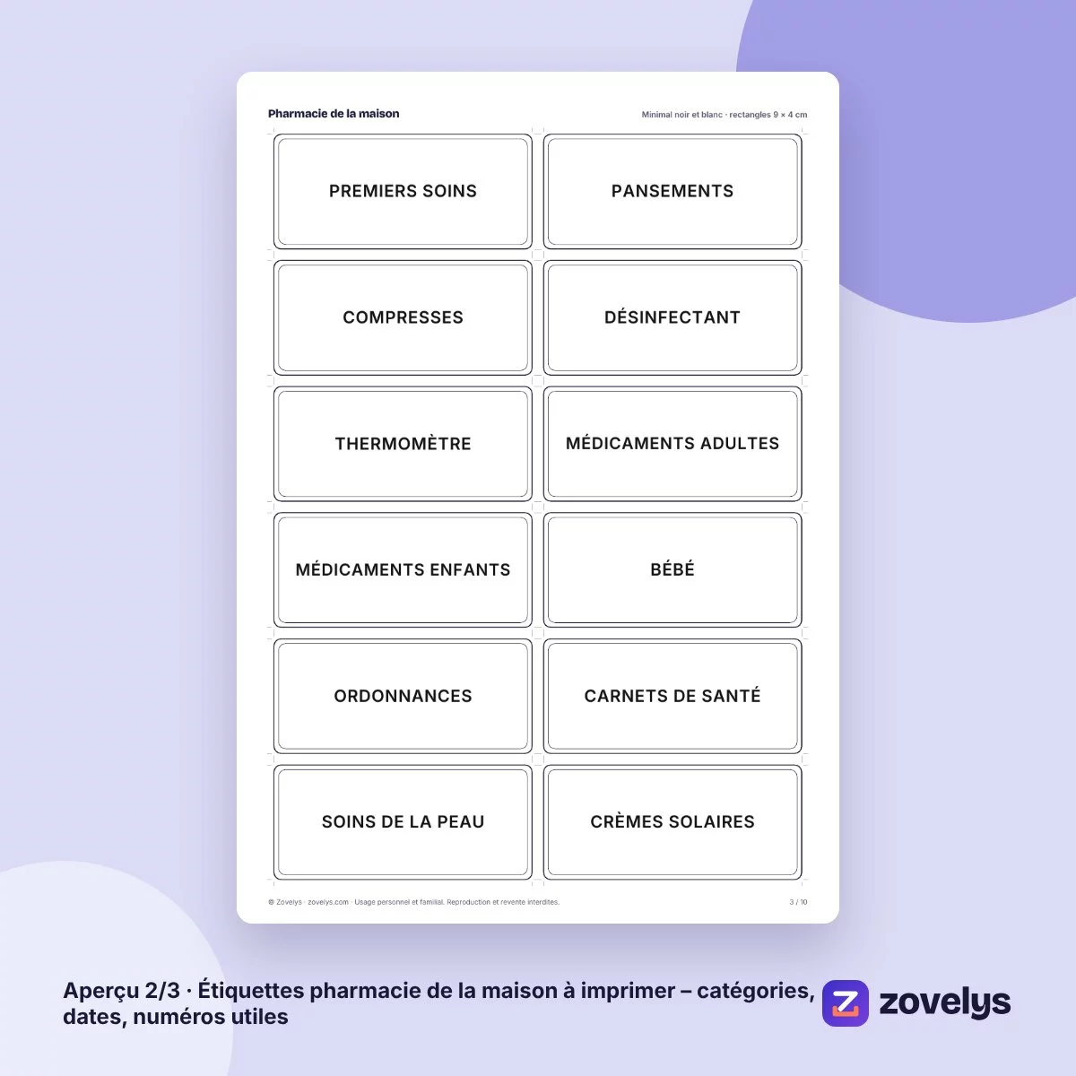 Étiquettes pharmacie de la maison à imprimer – catégories, dates, numéros utiles – aperçu 2