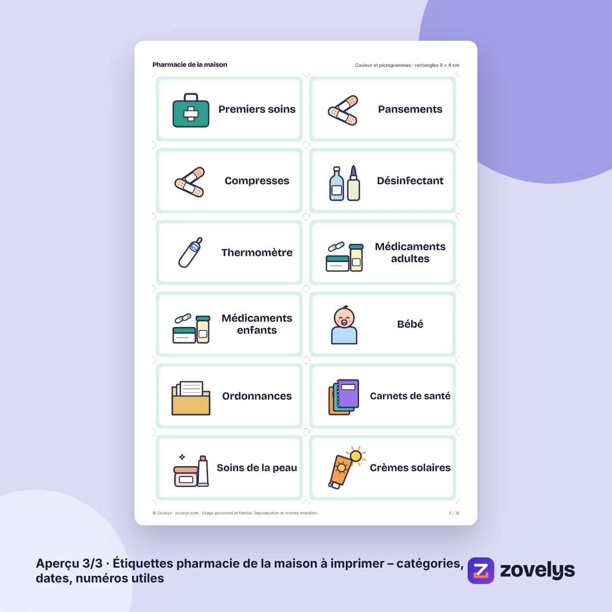Étiquettes pharmacie de la maison à imprimer – catégories, dates, numéros utiles – aperçu 3