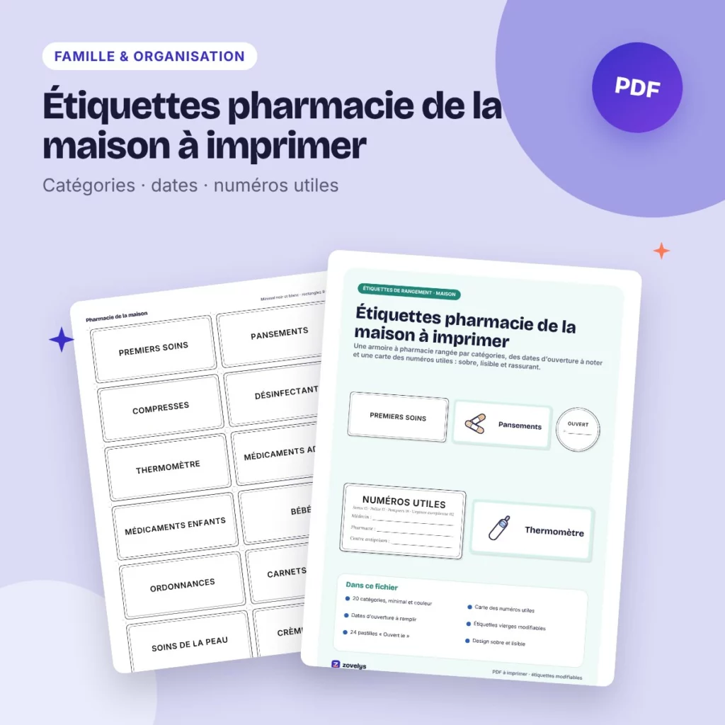 Étiquettes pharmacie de la maison à imprimer – catégories, dates, numéros utiles