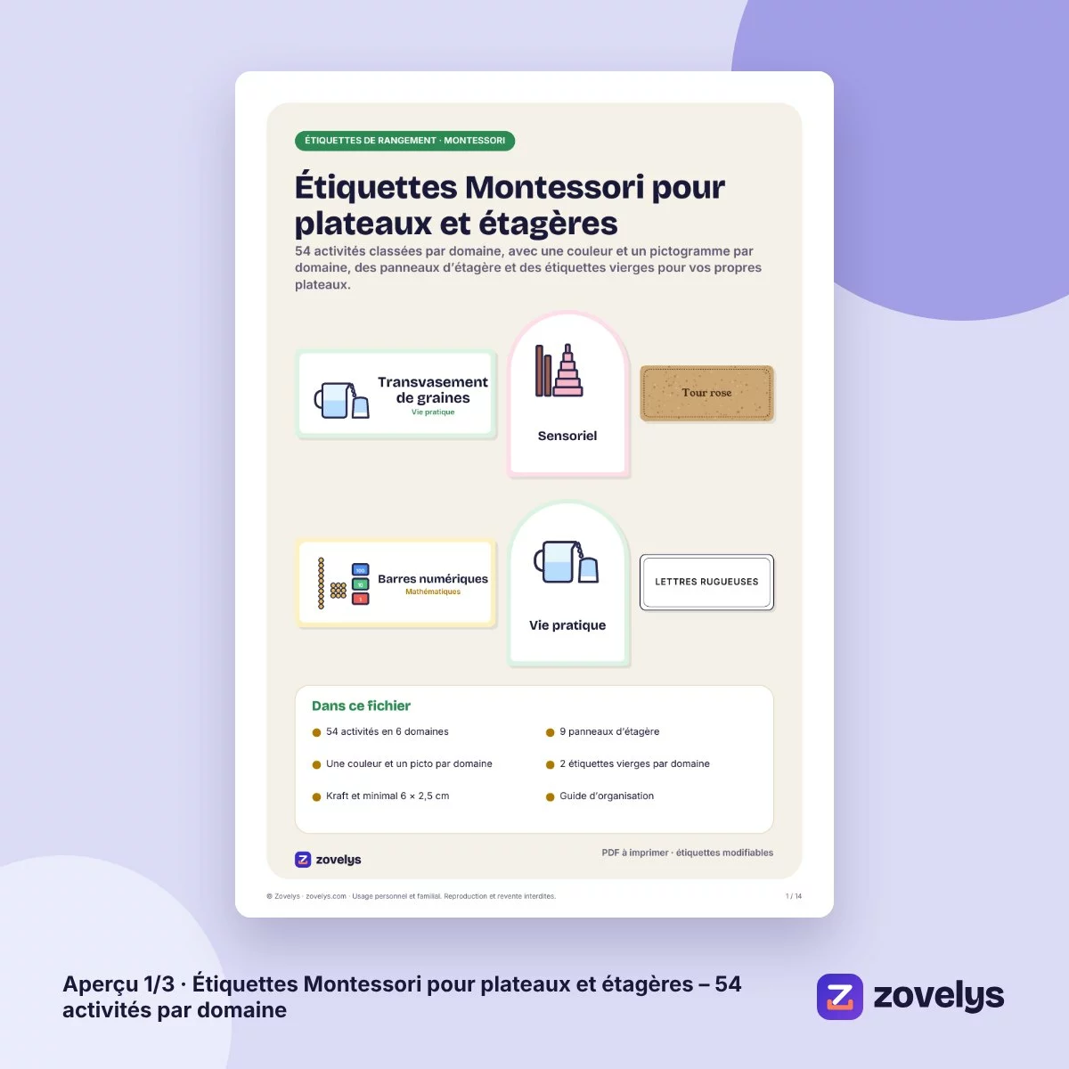 Étiquettes Montessori pour plateaux et étagères – 54 activités par domaine – aperçu 1