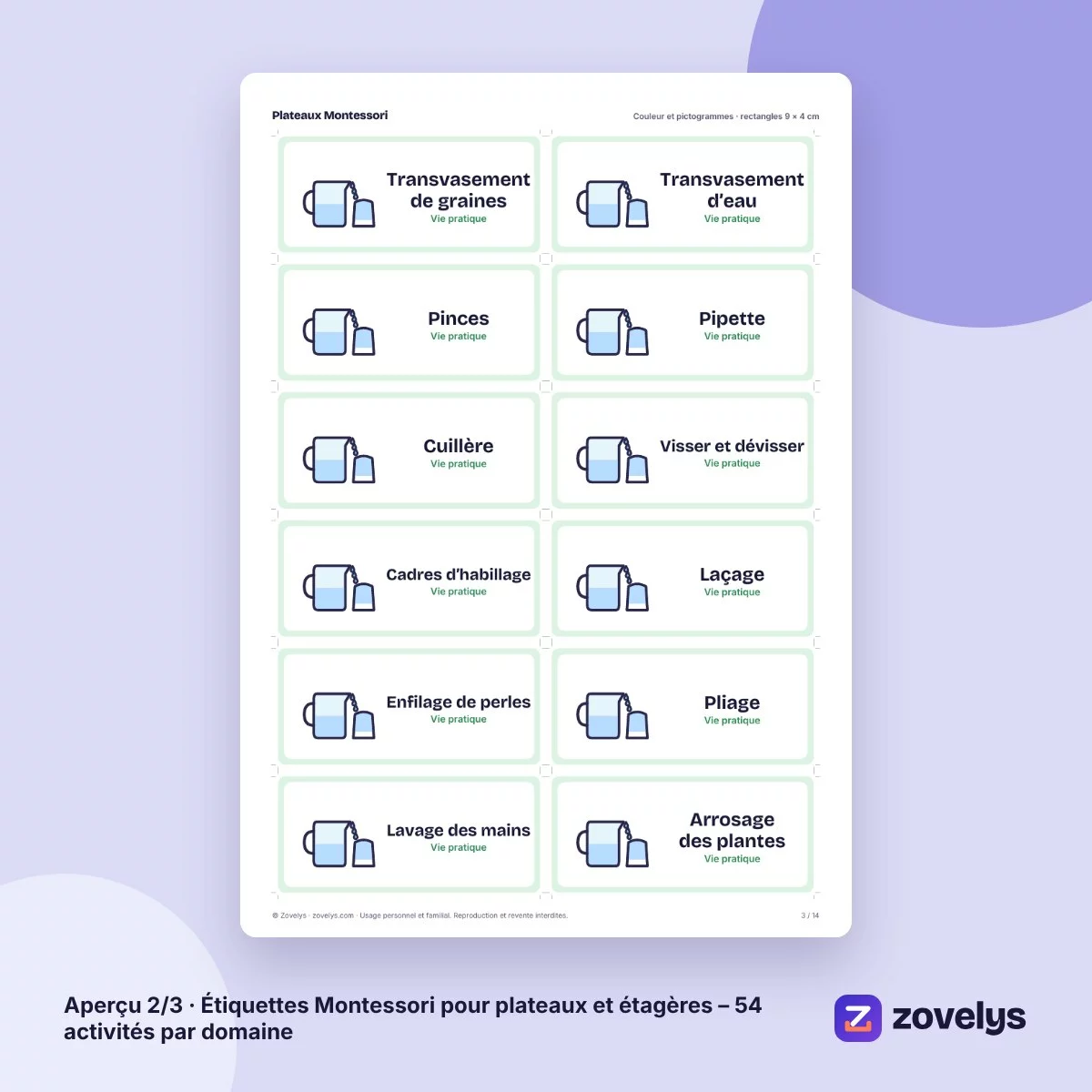 Étiquettes Montessori pour plateaux et étagères – 54 activités par domaine – aperçu 2