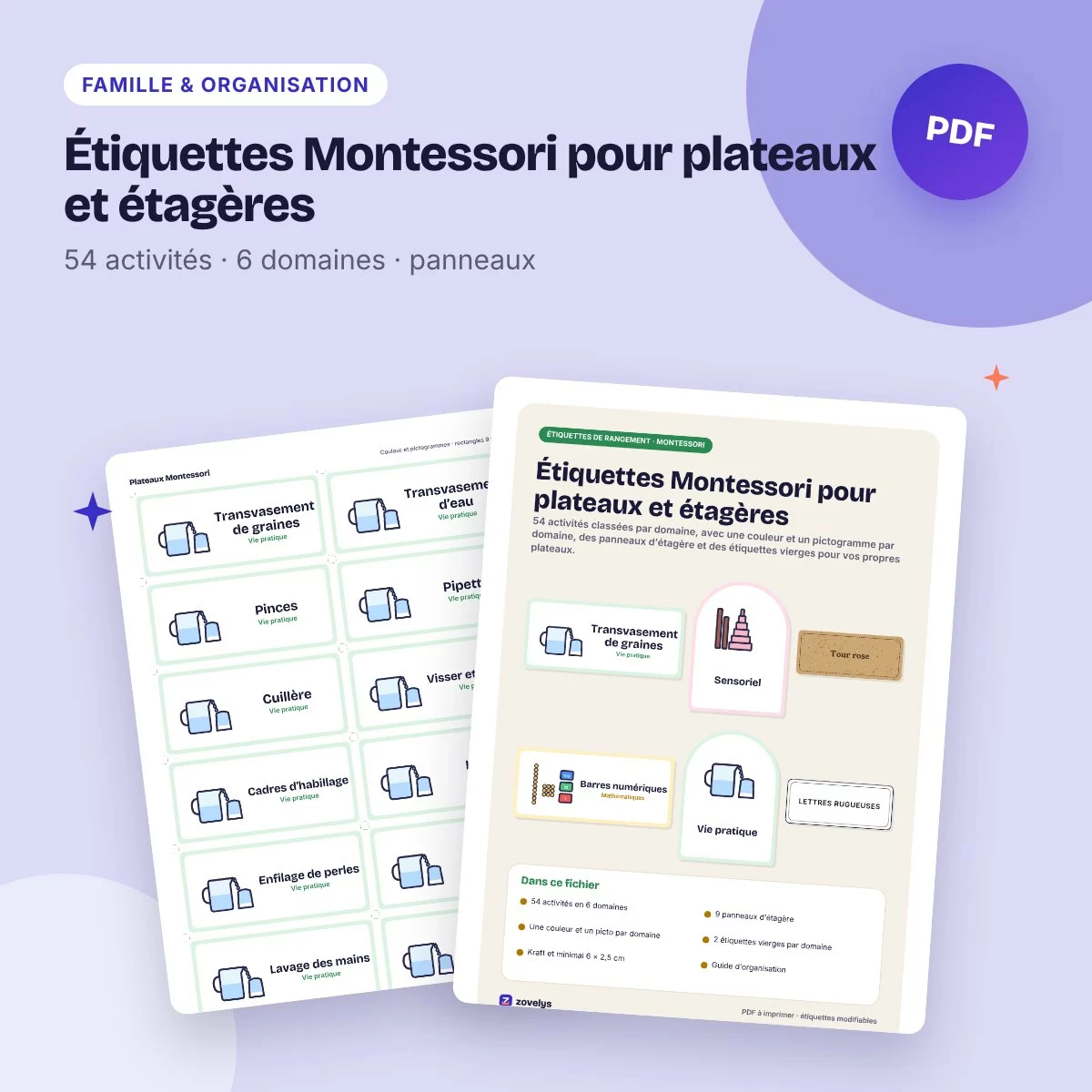Étiquettes Montessori pour plateaux et étagères – 54 activités par domaine