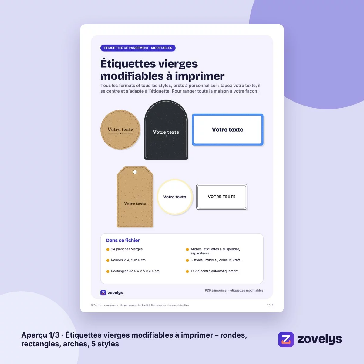 Étiquettes vierges modifiables à imprimer – rondes, rectangles, arches, 5 styles – aperçu 1