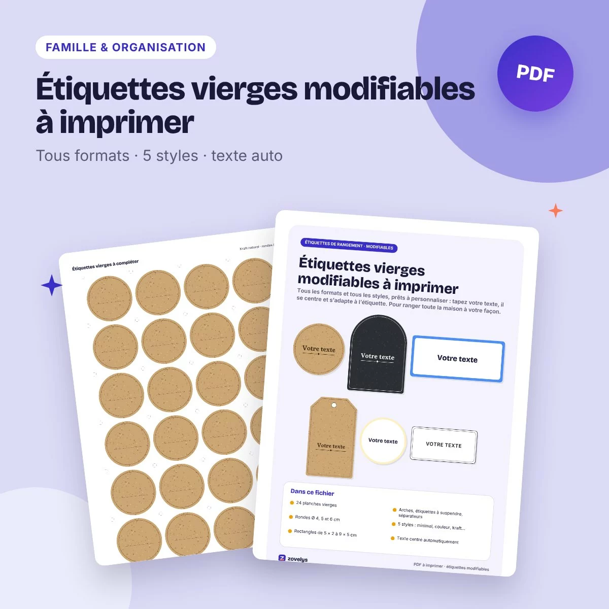 Étiquettes vierges modifiables à imprimer – rondes, rectangles, arches, 5 styles