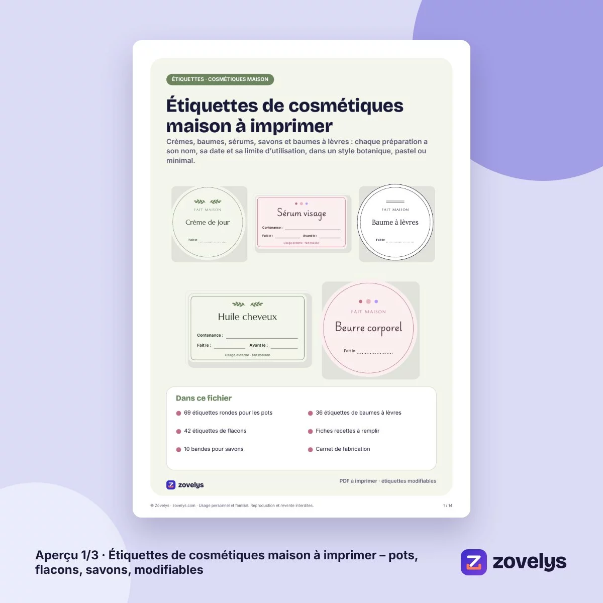 Étiquettes de cosmétiques maison à imprimer – pots, flacons, savons, modifiables – aperçu 1