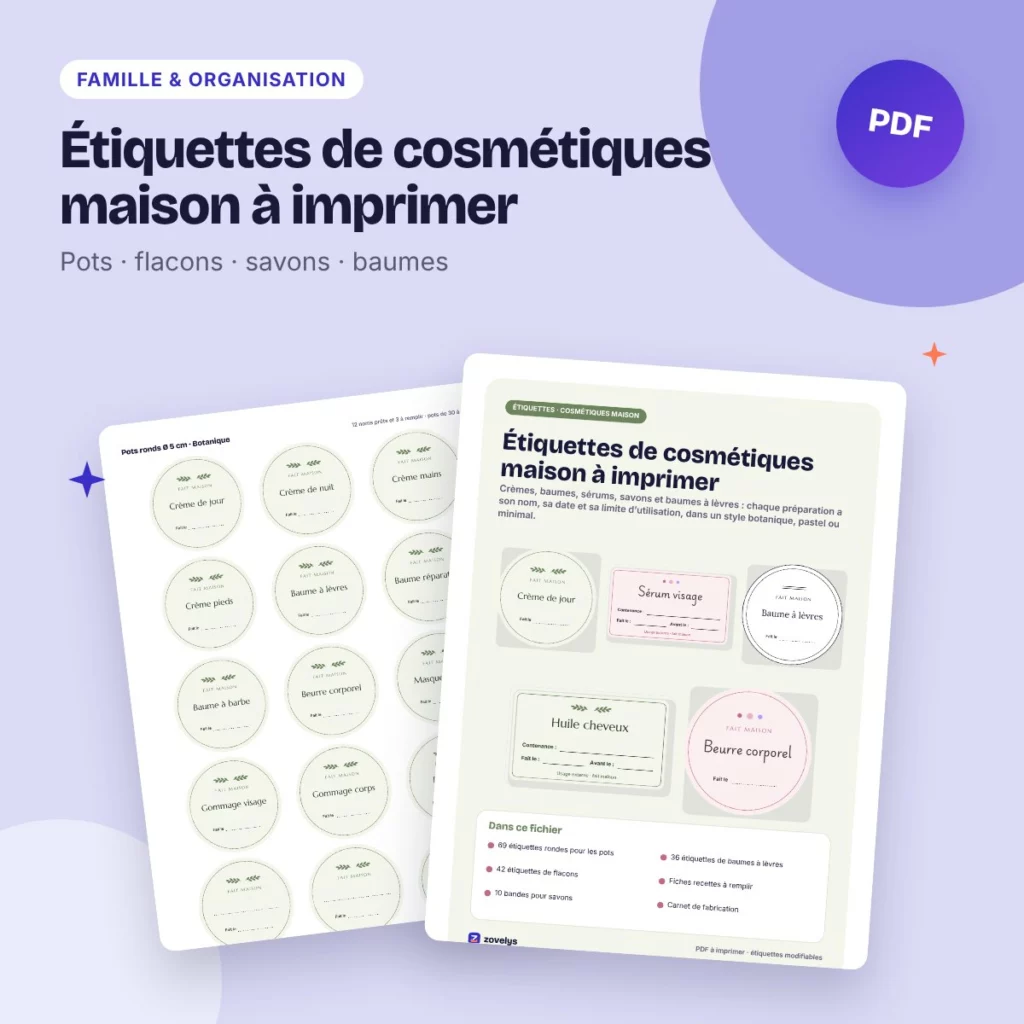Étiquettes de cosmétiques maison à imprimer – pots, flacons, savons, modifiables