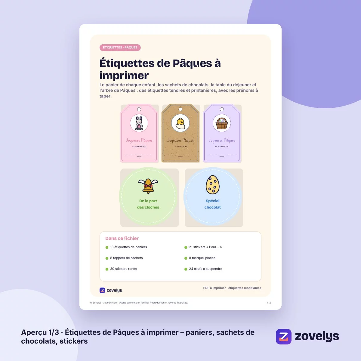 Étiquettes de Pâques à imprimer – paniers, sachets de chocolats, stickers – aperçu 1