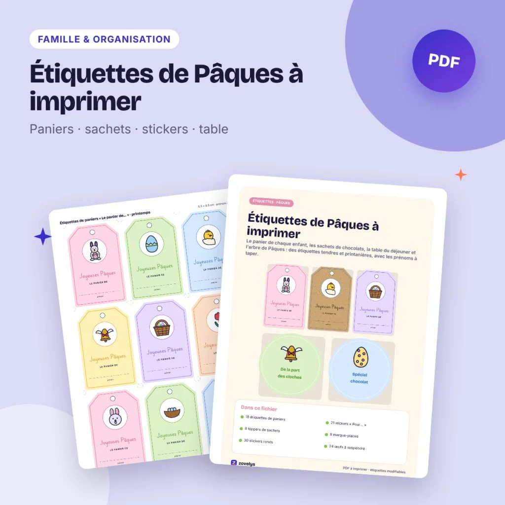 Étiquettes de Pâques à imprimer – paniers, sachets de chocolats, stickers