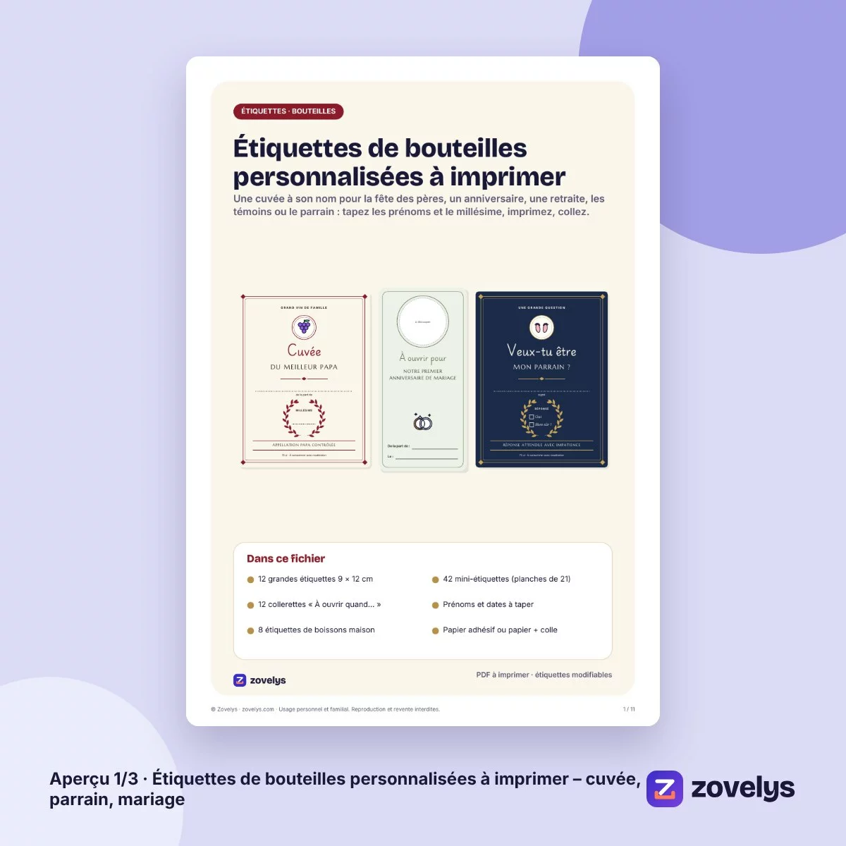Étiquettes de bouteilles personnalisées à imprimer – cuvée, parrain, mariage – aperçu 1