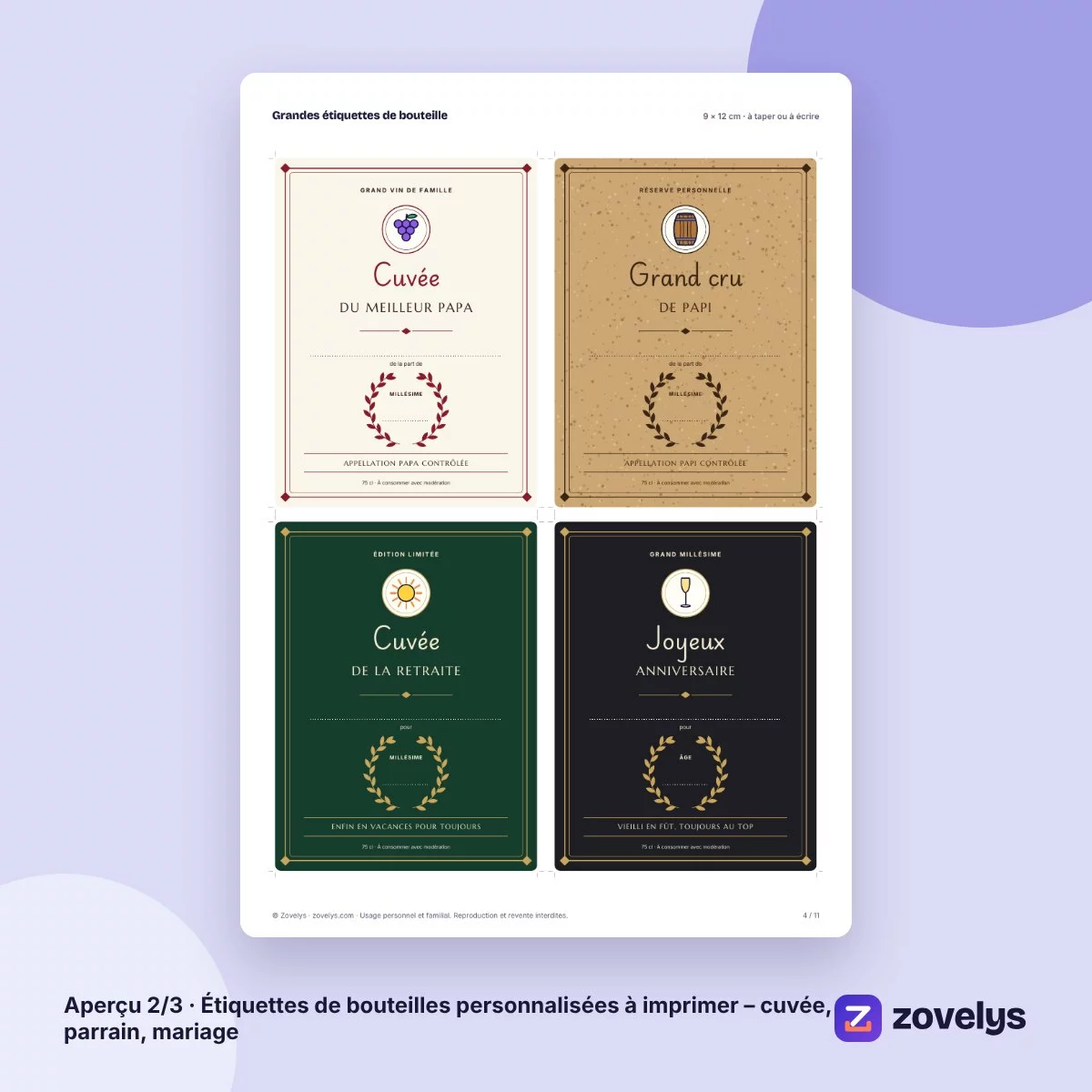 Étiquettes de bouteilles personnalisées à imprimer – cuvée, parrain, mariage – aperçu 2