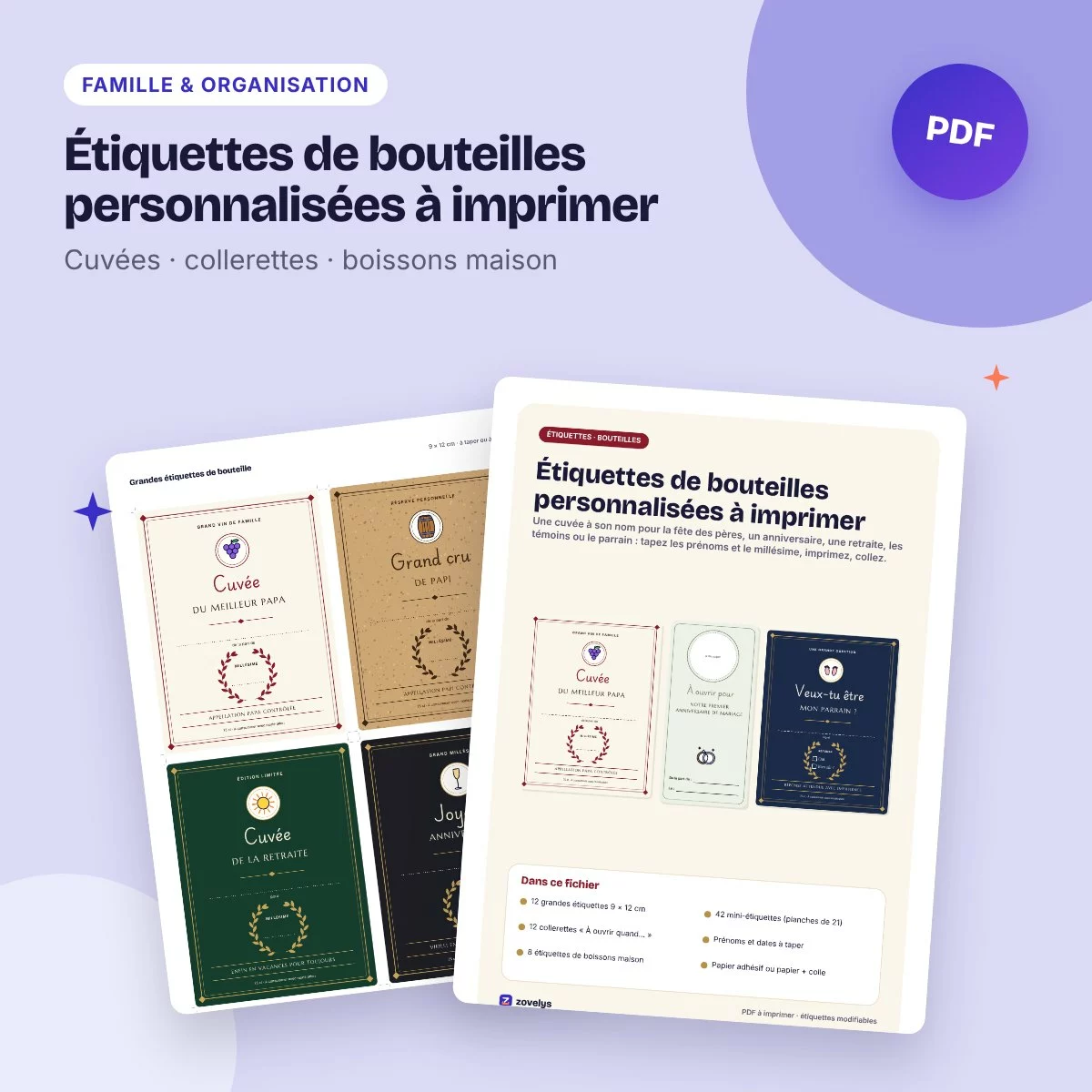 Étiquettes de bouteilles personnalisées à imprimer – cuvée, parrain, mariage