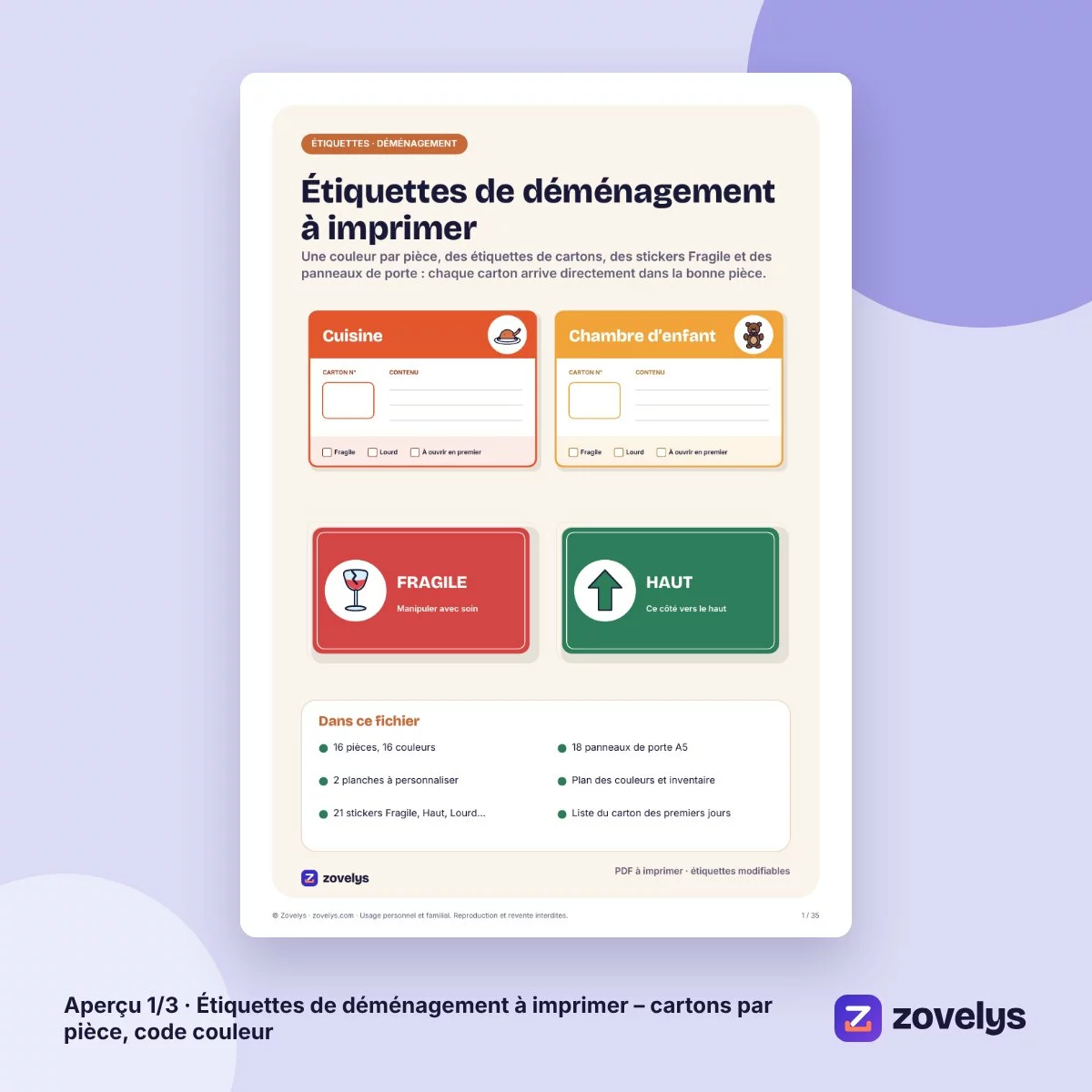 Étiquettes de déménagement à imprimer – cartons par pièce, code couleur – aperçu 1