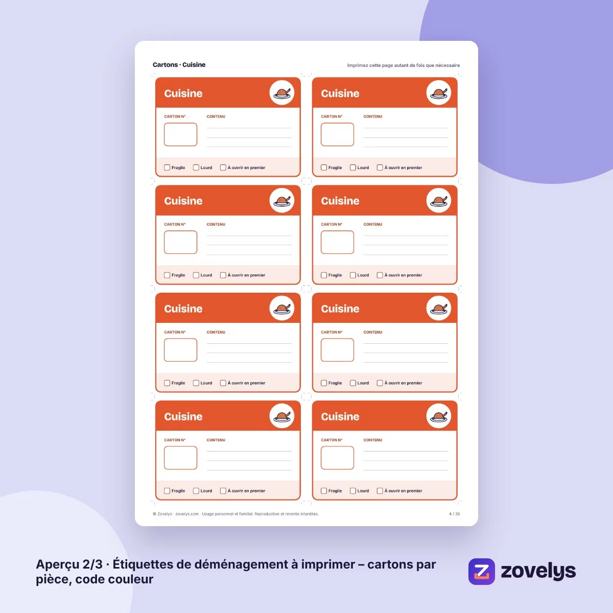 Étiquettes de déménagement à imprimer – cartons par pièce, code couleur – aperçu 2