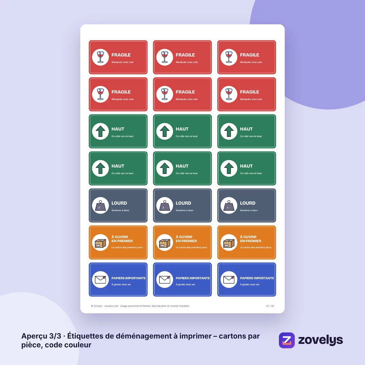 Étiquettes de déménagement à imprimer – cartons par pièce, code couleur – aperçu 3