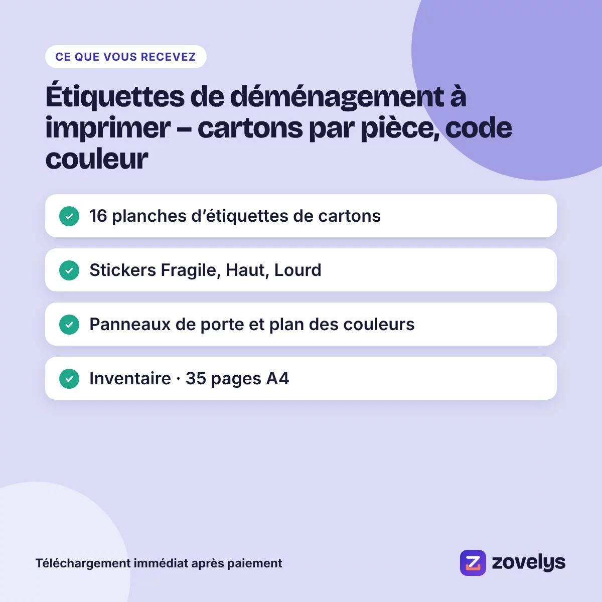 Étiquettes de déménagement à imprimer – cartons par pièce, code couleur – aperçu 4