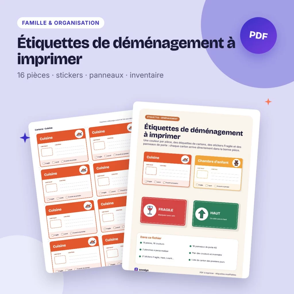 Étiquettes de déménagement à imprimer – cartons par pièce, code couleur