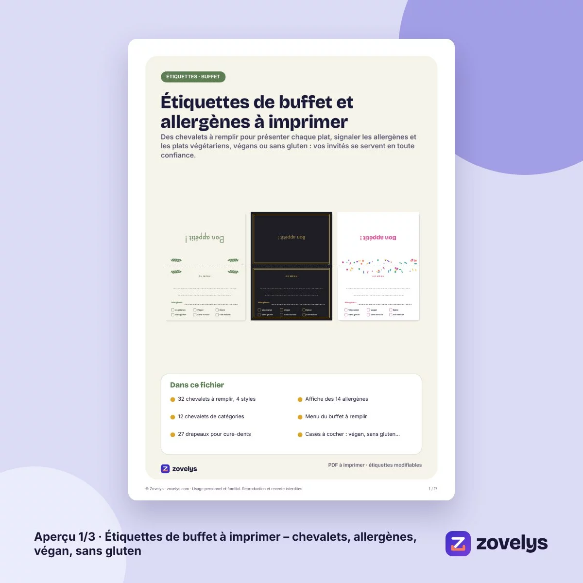 Étiquettes de buffet à imprimer – chevalets, allergènes, végan, sans gluten – aperçu 1