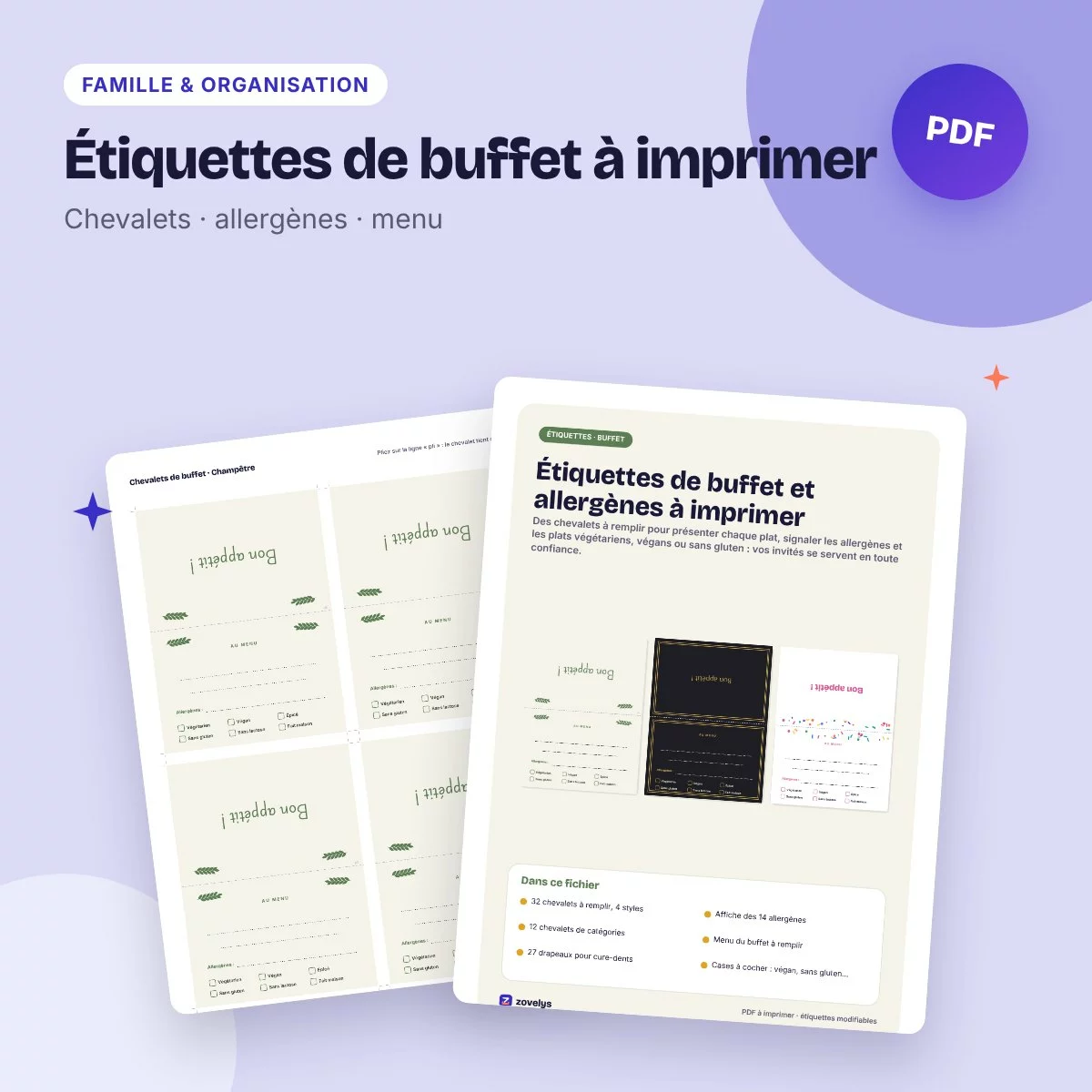 Étiquettes de buffet à imprimer – chevalets, allergènes, végan, sans gluten