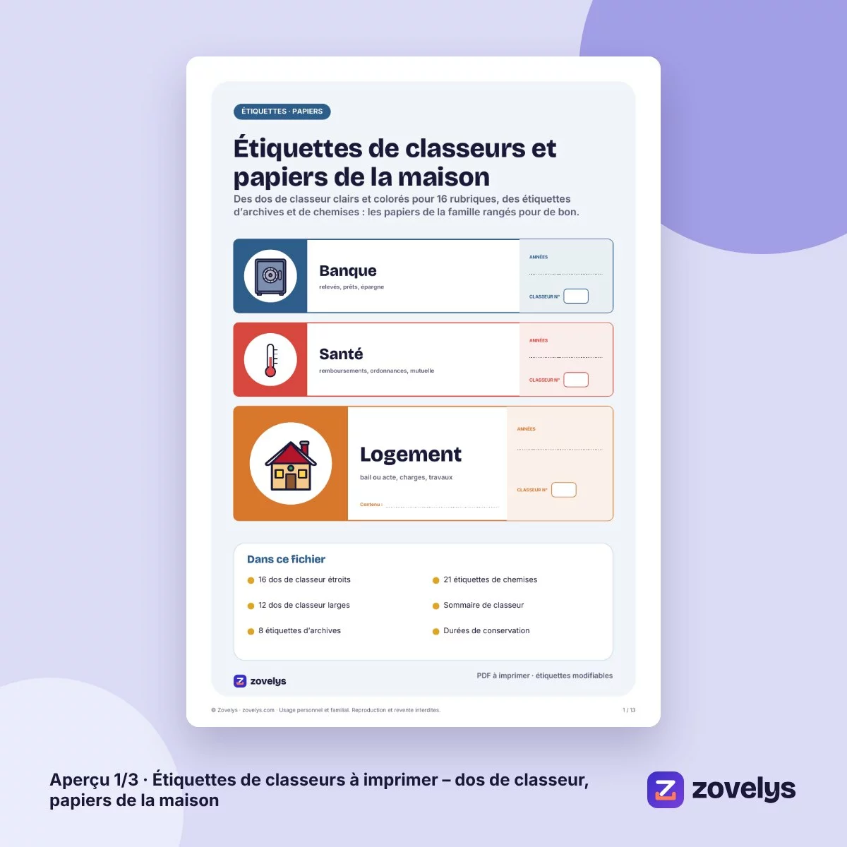 Étiquettes de classeurs à imprimer – dos de classeur, papiers de la maison – aperçu 1