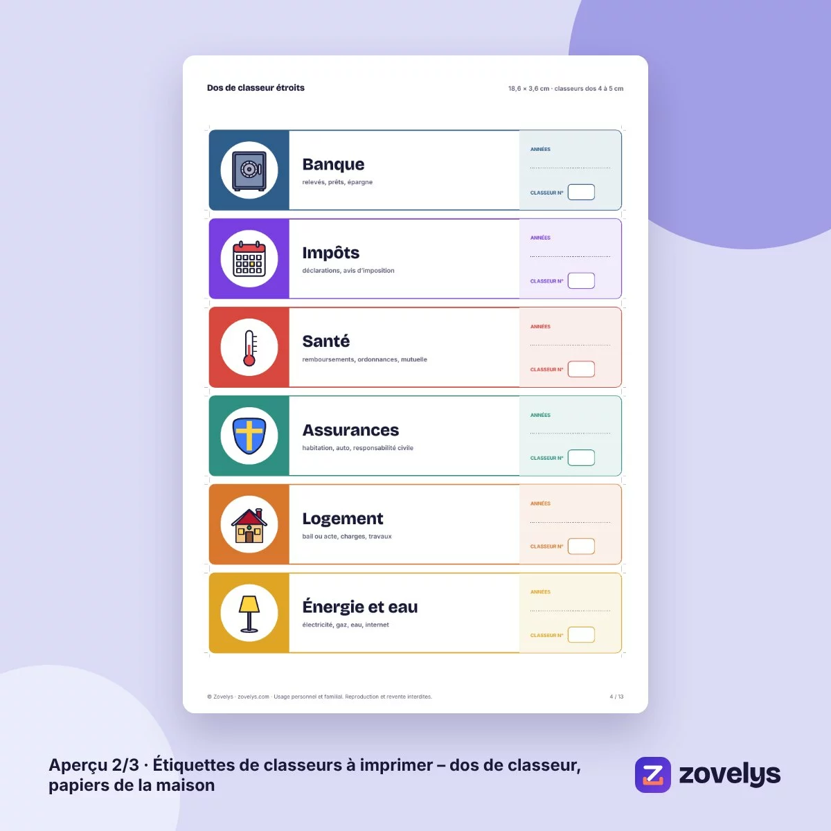 Étiquettes de classeurs à imprimer – dos de classeur, papiers de la maison – aperçu 2