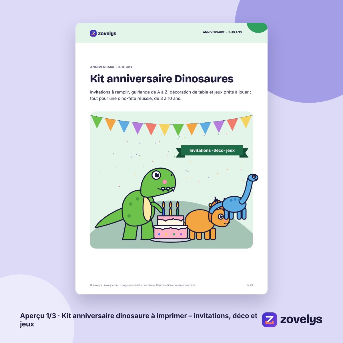 Kit anniversaire dinosaure à imprimer – invitations, déco et jeux – aperçu 1