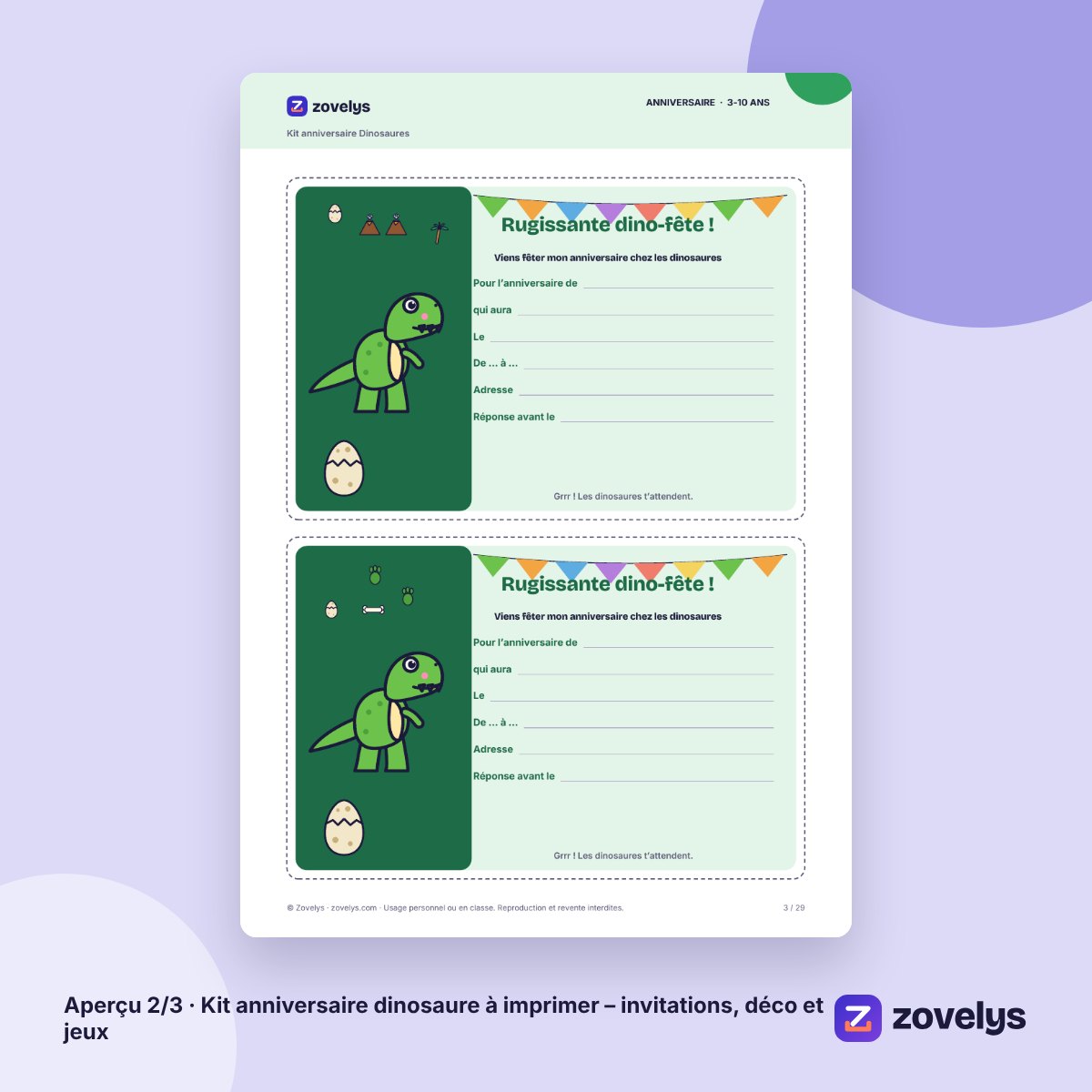 Kit anniversaire dinosaure à imprimer – invitations, déco et jeux – aperçu 2