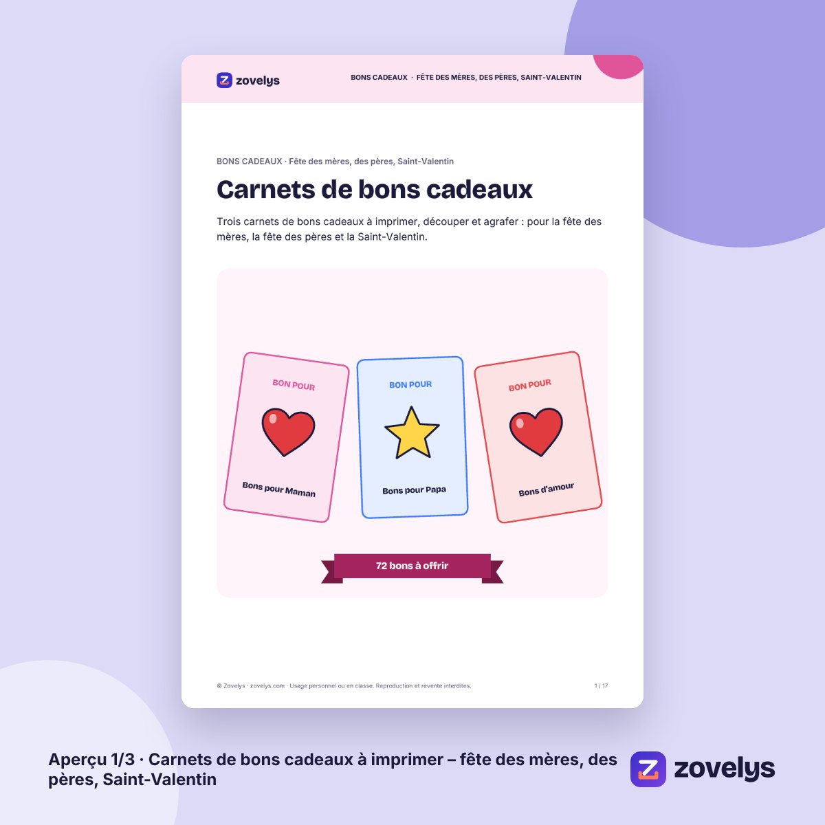 Carnets de bons cadeaux à imprimer – fête des mères, des pères, Saint-Valentin – aperçu 1