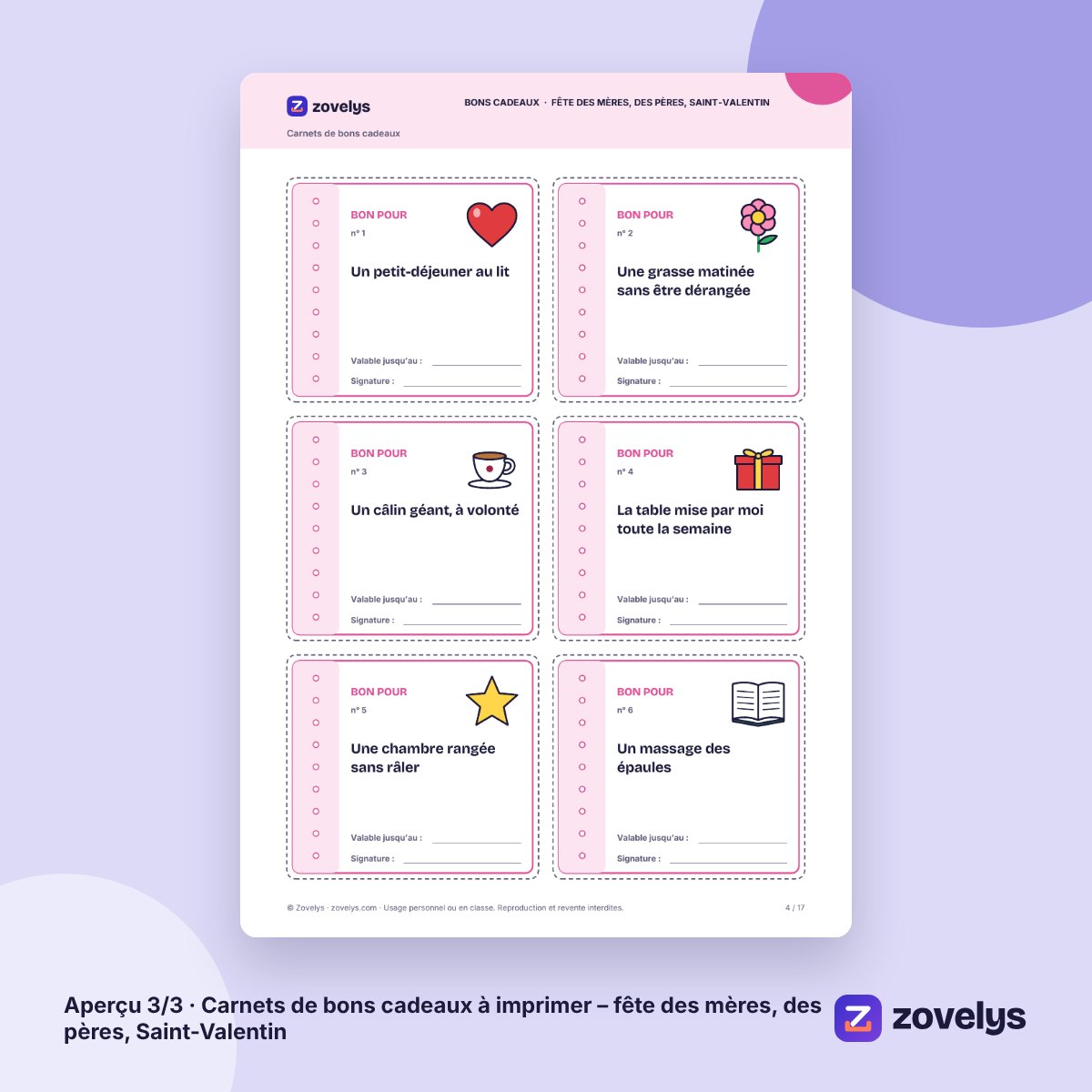 Carnets de bons cadeaux à imprimer – fête des mères, des pères, Saint-Valentin – aperçu 3