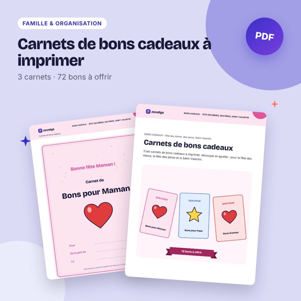 Carnets de bons cadeaux à imprimer – fête des mères, des pères, Saint-Valentin