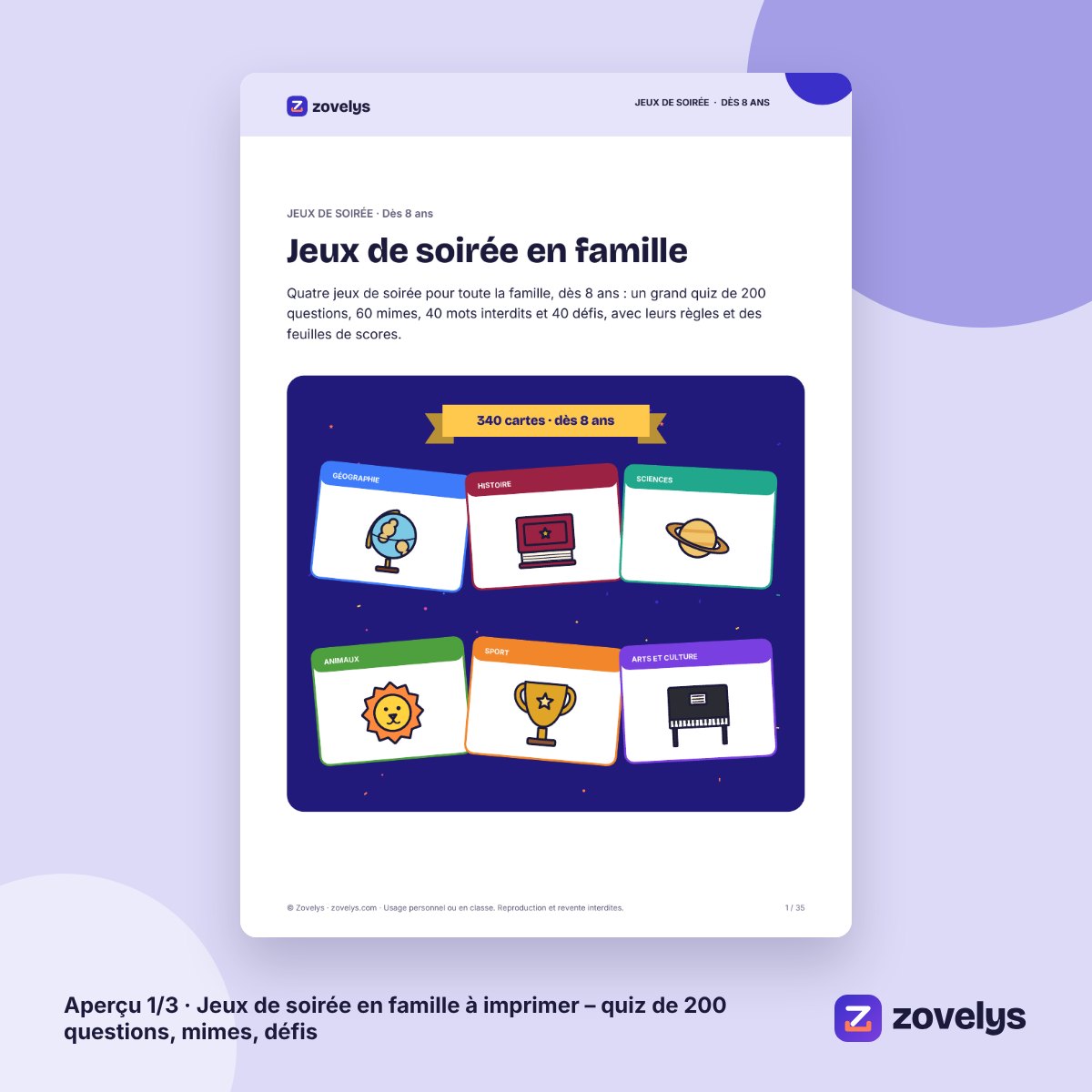 Jeux de soirée en famille à imprimer – quiz de 200 questions, mimes, défis – aperçu 1