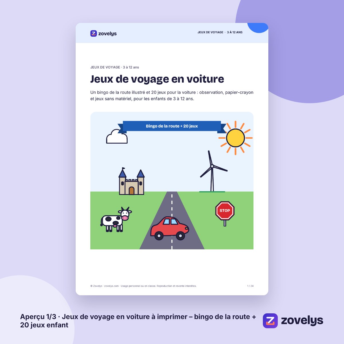 Jeux de voyage en voiture à imprimer – bingo de la route + 20 jeux enfant – aperçu 1