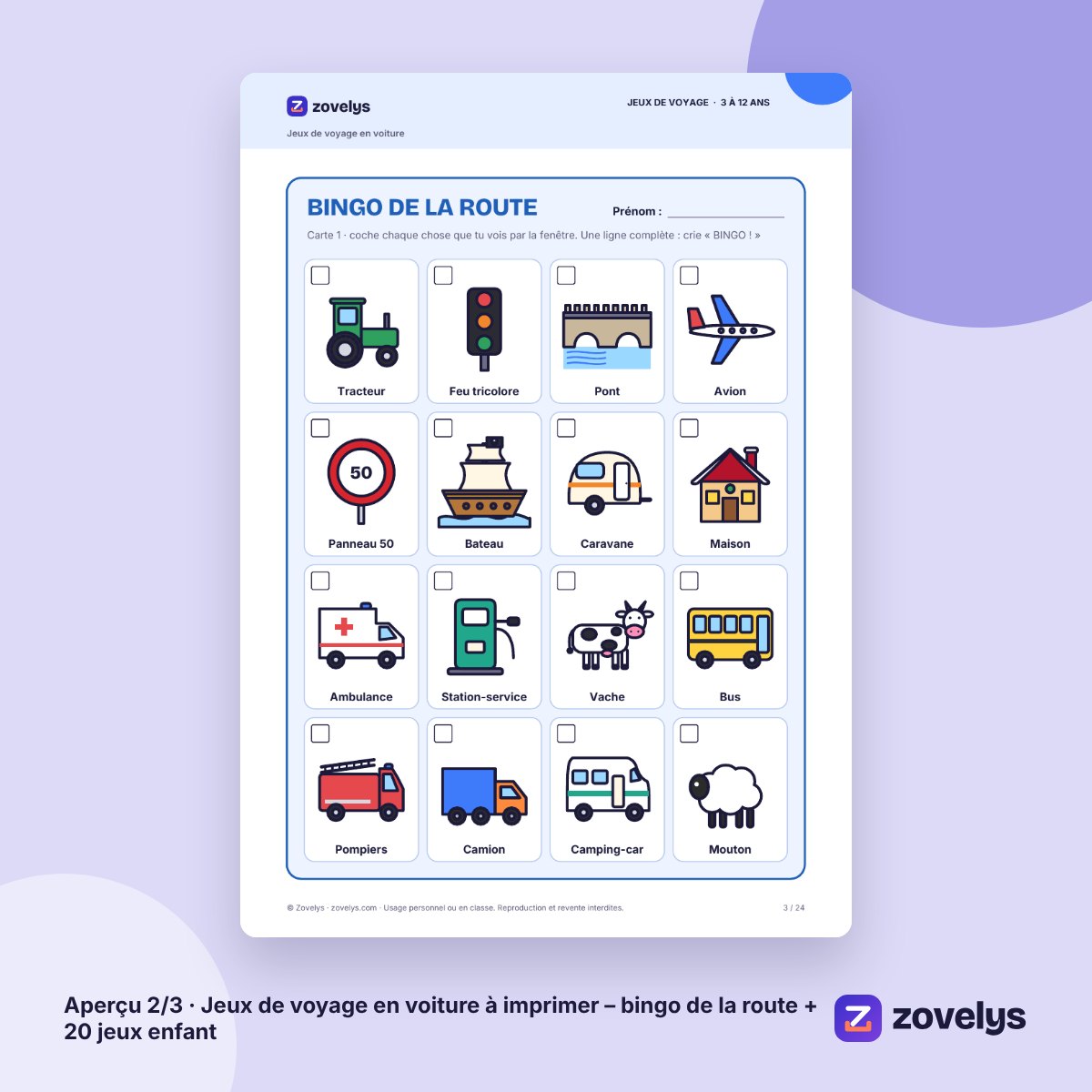 Jeux de voyage en voiture à imprimer – bingo de la route + 20 jeux enfant – aperçu 2