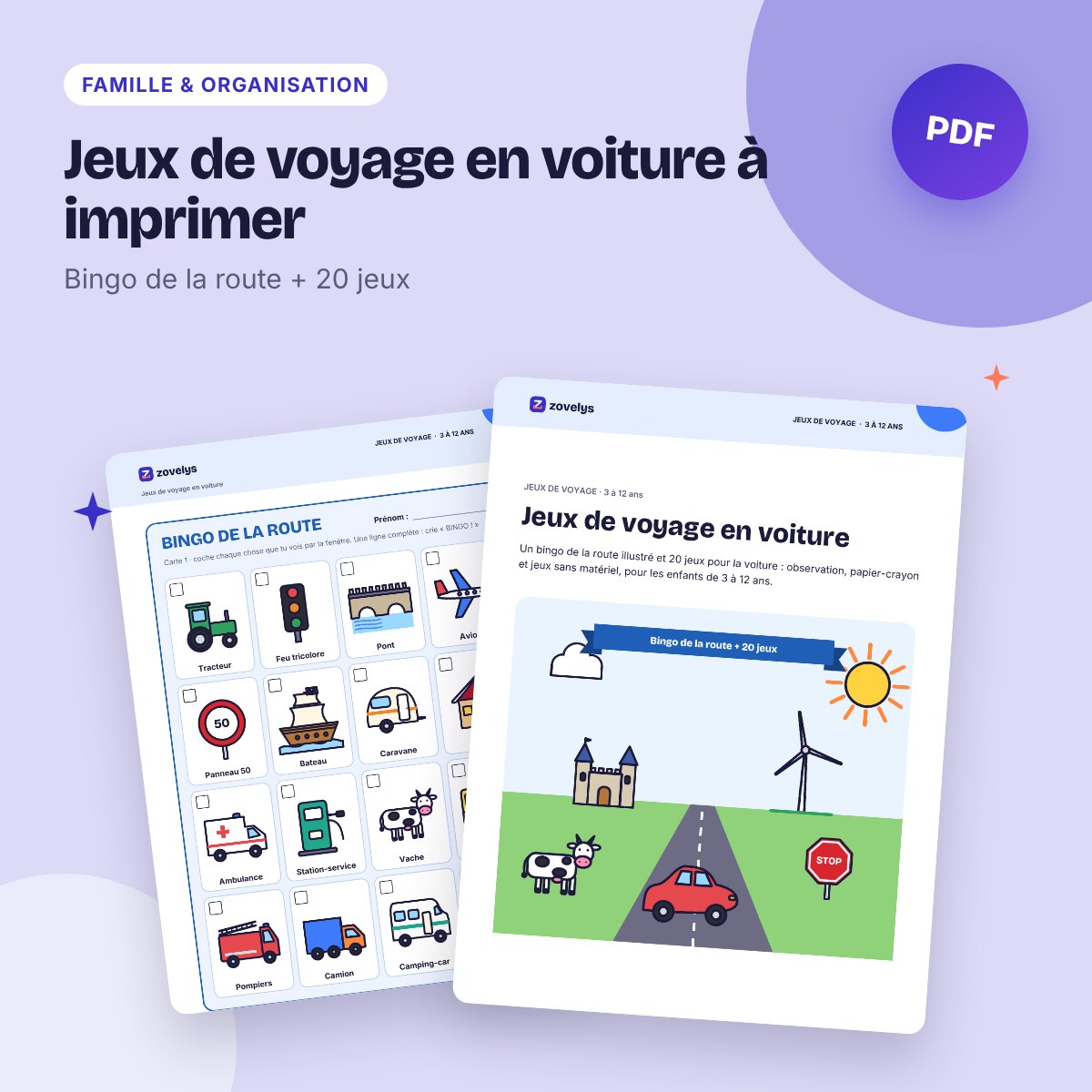 Jeux de voyage en voiture à imprimer – bingo de la route + 20 jeux enfant