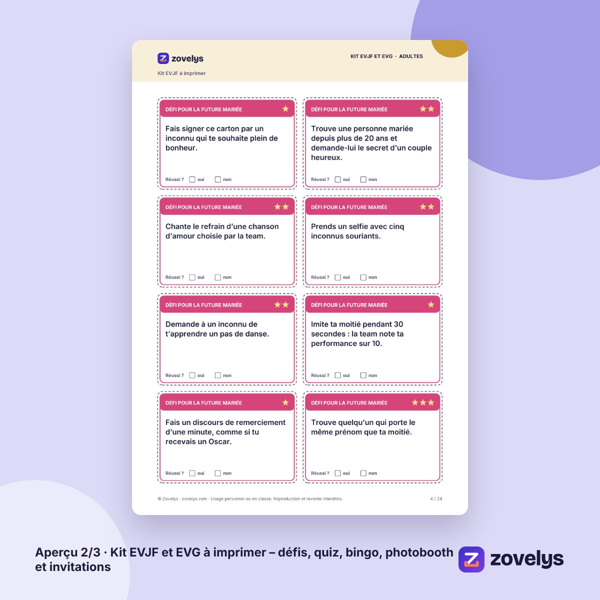 Kit EVJF et EVG à imprimer – défis, quiz, bingo, photobooth et invitations – aperçu 2