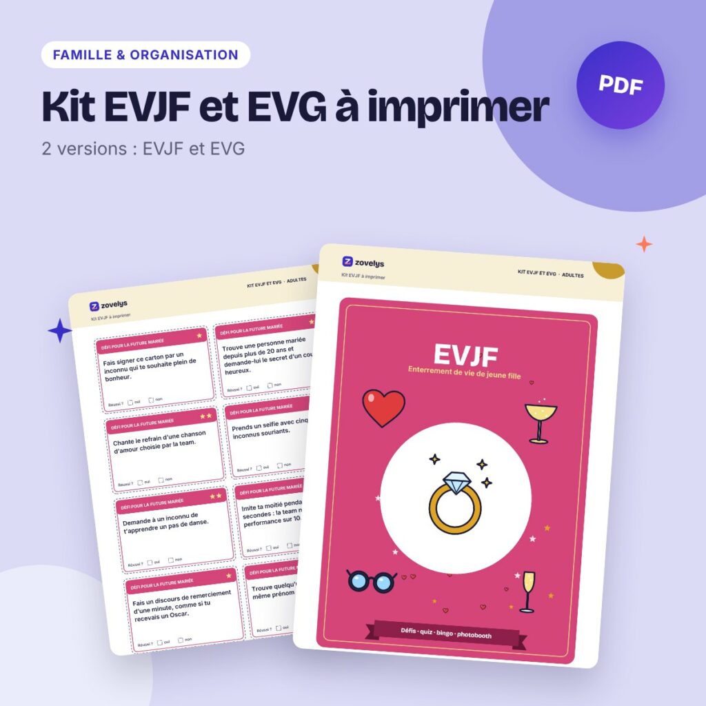 Kit EVJF et EVG à imprimer – défis, quiz, bingo, photobooth et invitations