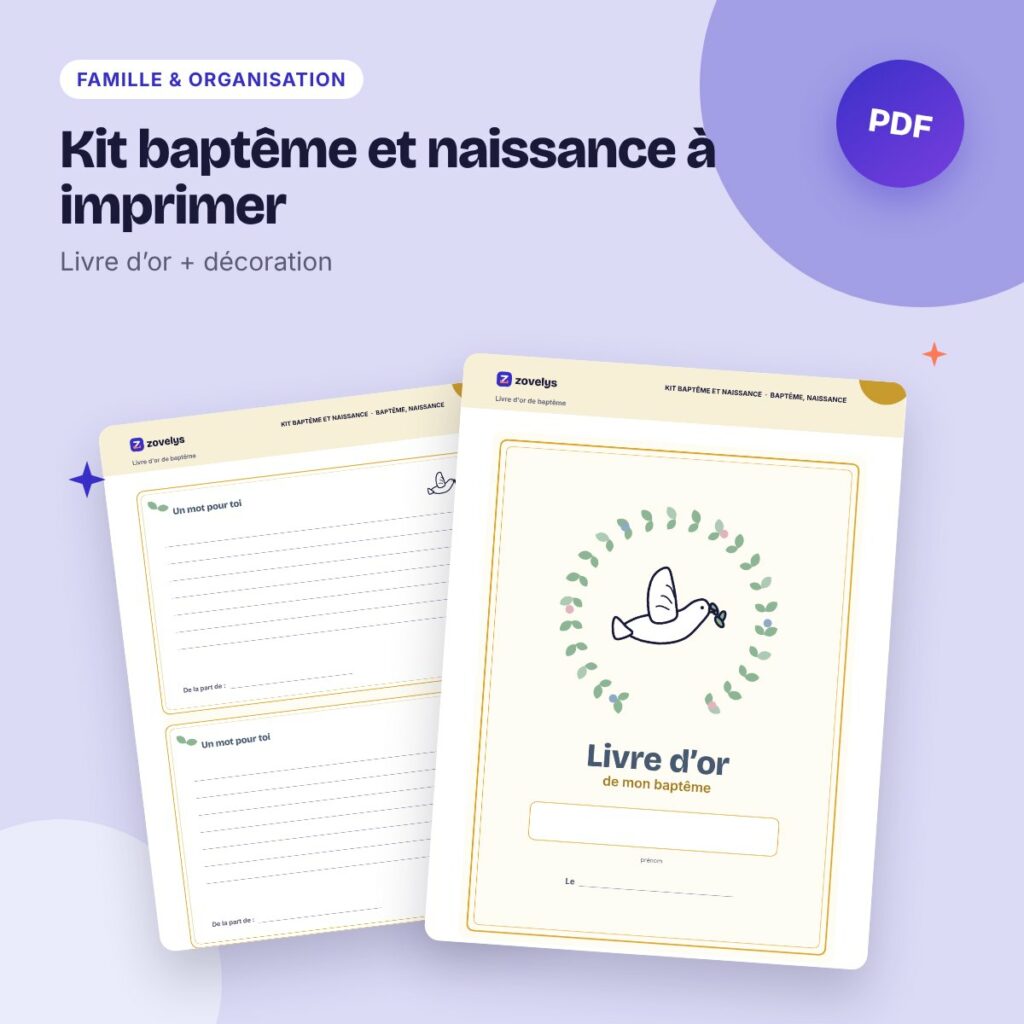 Kit baptême et naissance à imprimer – livre d’or, déco, faire-part et dragées