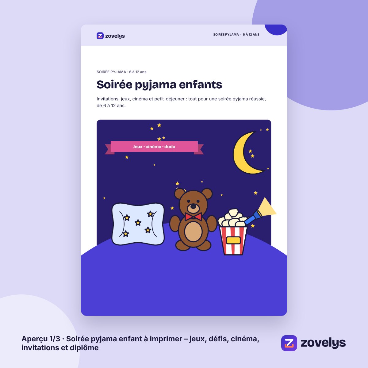 Soirée pyjama enfant à imprimer – jeux, défis, cinéma, invitations et diplôme – aperçu 1