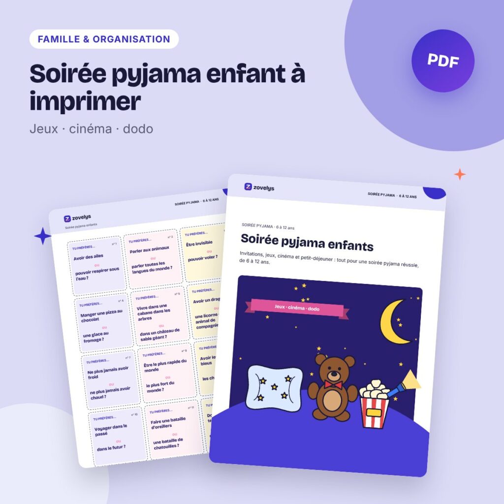 Soirée pyjama enfant à imprimer – jeux, défis, cinéma, invitations et diplôme