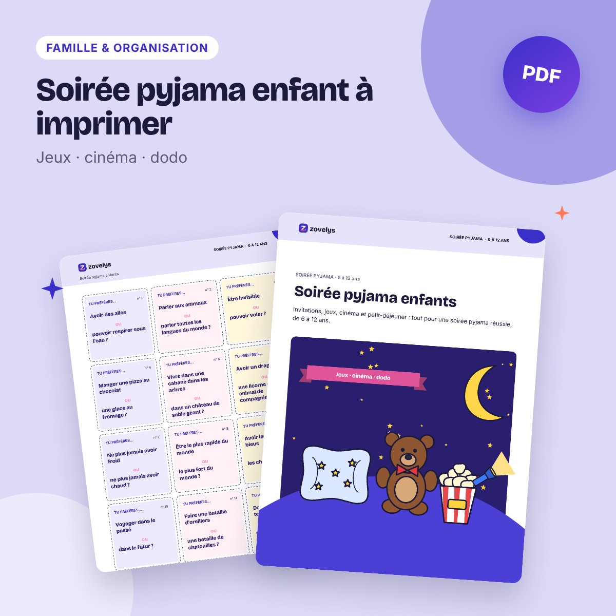 Soirée pyjama enfant à imprimer – jeux, défis, cinéma, invitations et diplôme