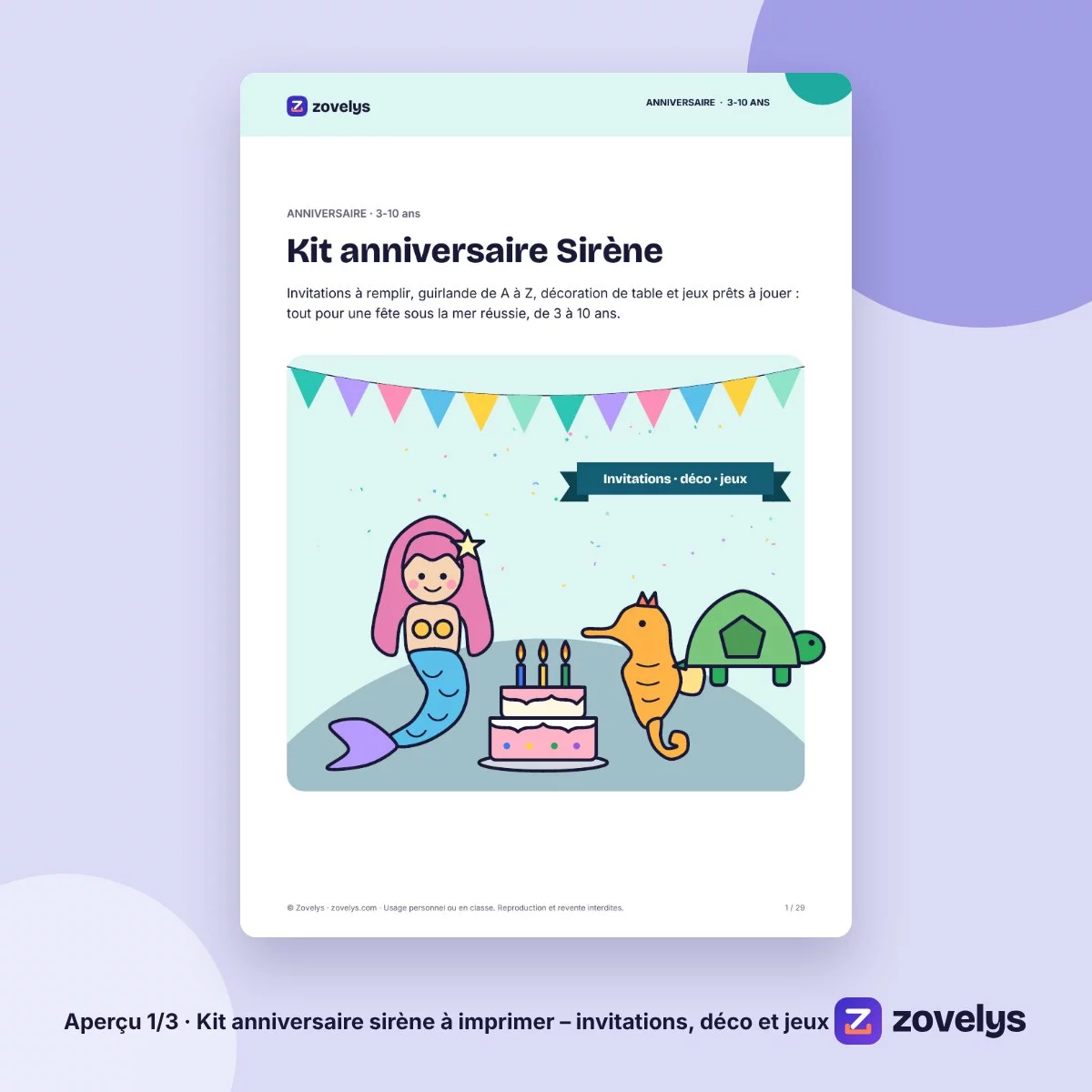 Kit anniversaire sirène à imprimer – invitations, déco et jeux – aperçu 1