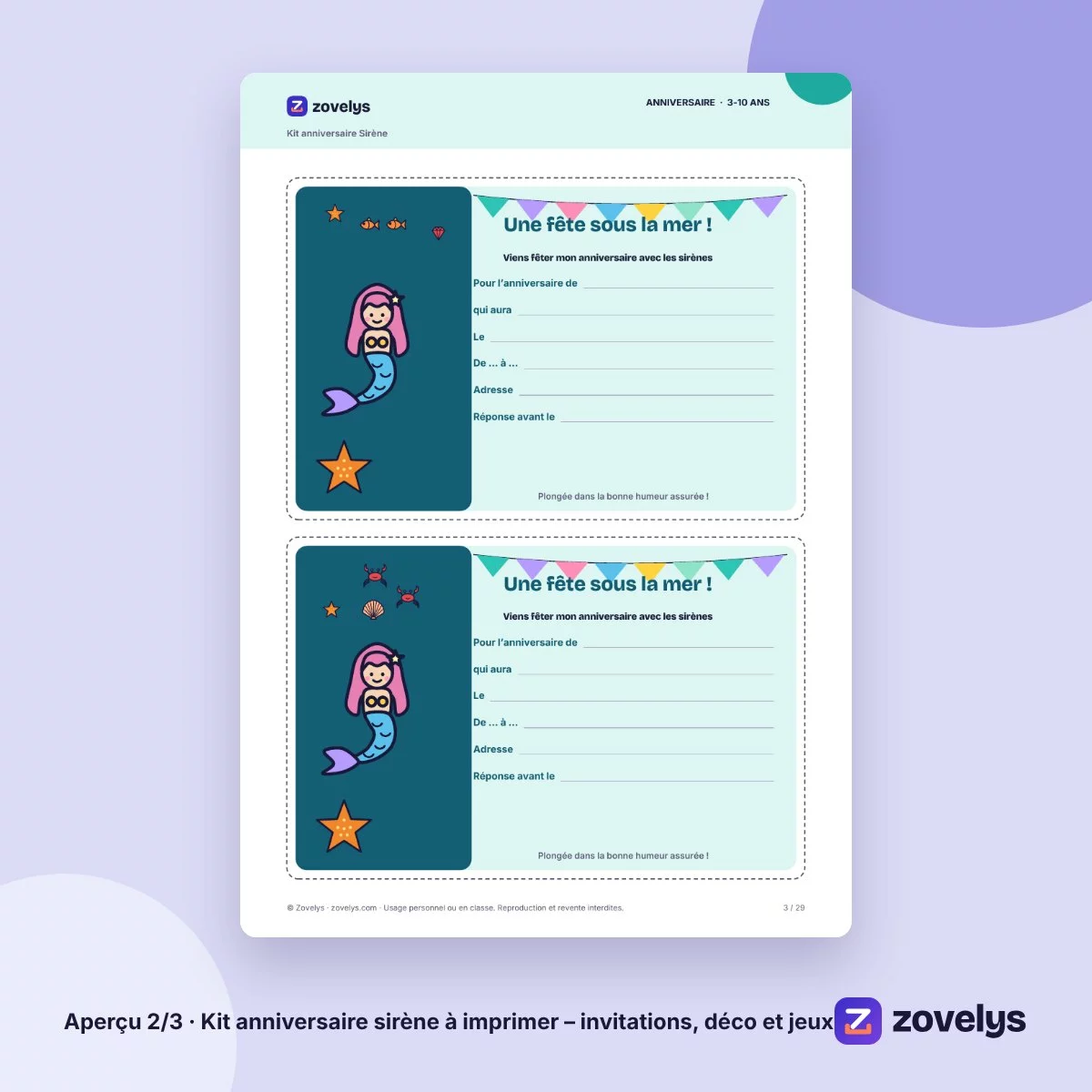 Kit anniversaire sirène à imprimer – invitations, déco et jeux – aperçu 2
