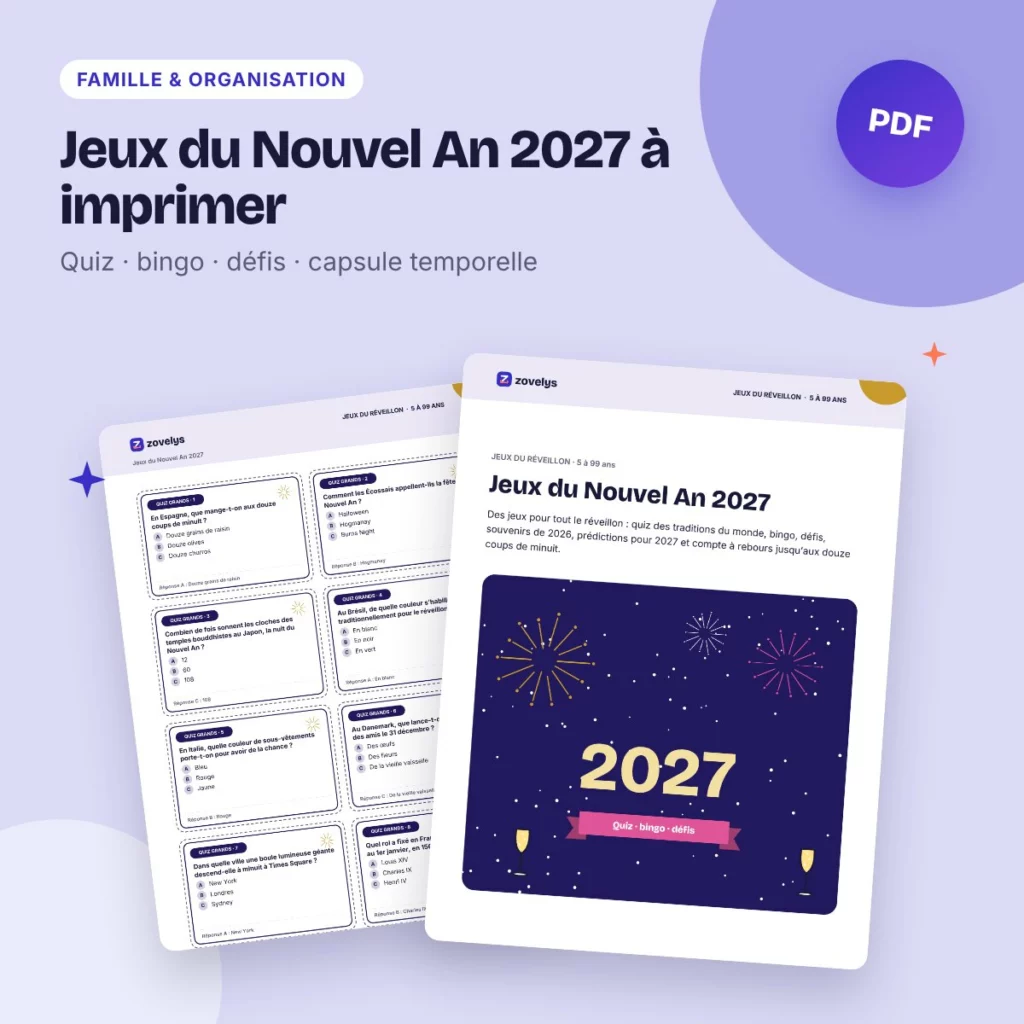 Jeux du Nouvel An 2027 à imprimer – quiz, bingo, défis et capsule temporelle