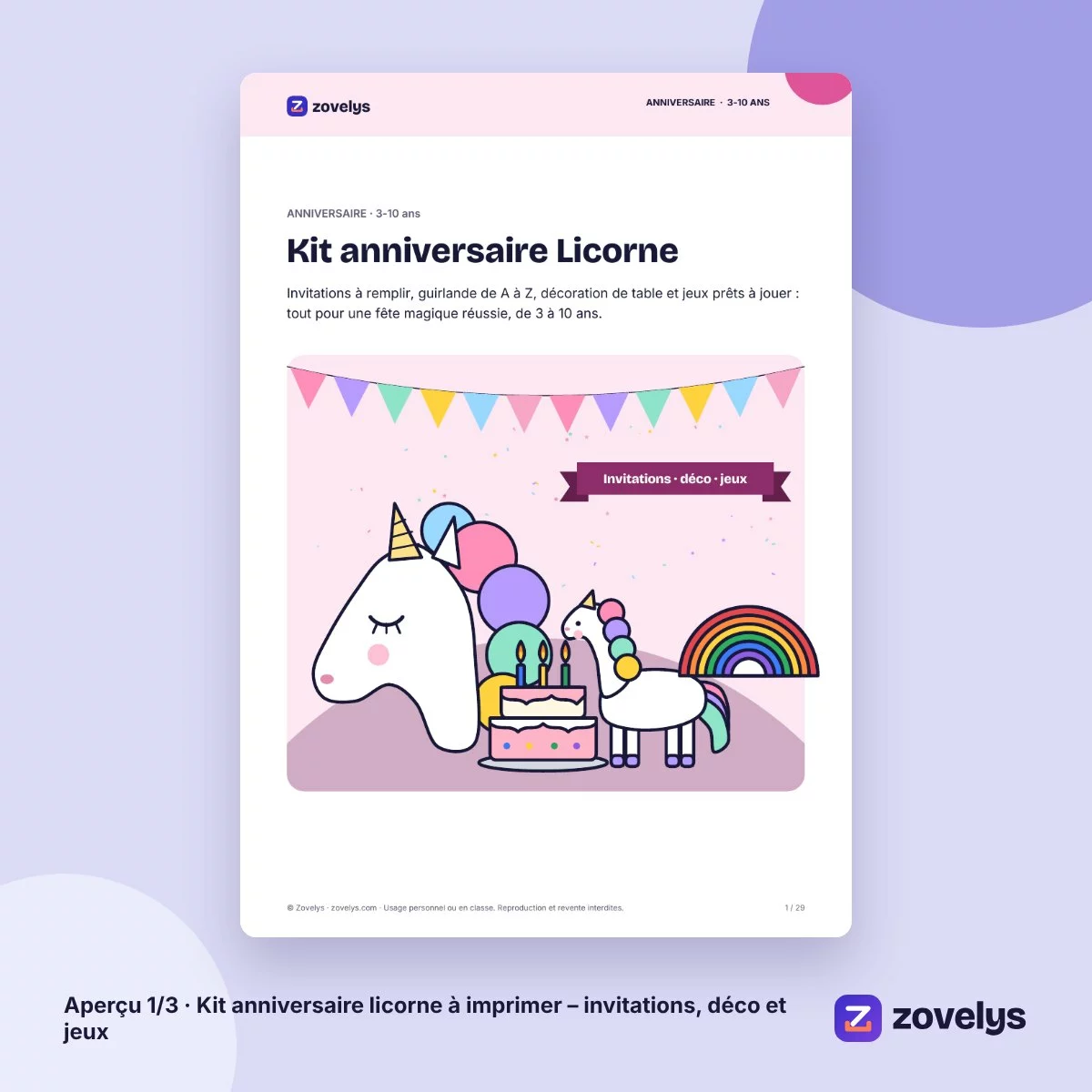 Kit anniversaire licorne à imprimer – invitations, déco et jeux – aperçu 1