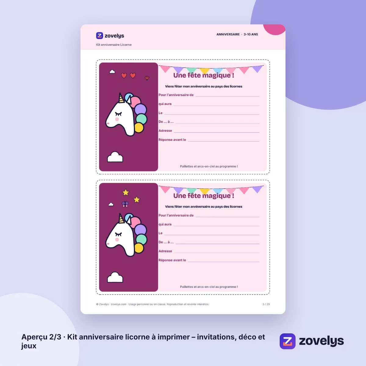 Kit anniversaire licorne à imprimer – invitations, déco et jeux – aperçu 2