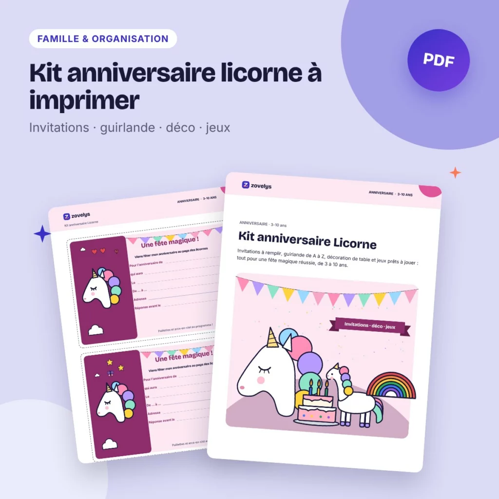Kit anniversaire licorne à imprimer – invitations, déco et jeux