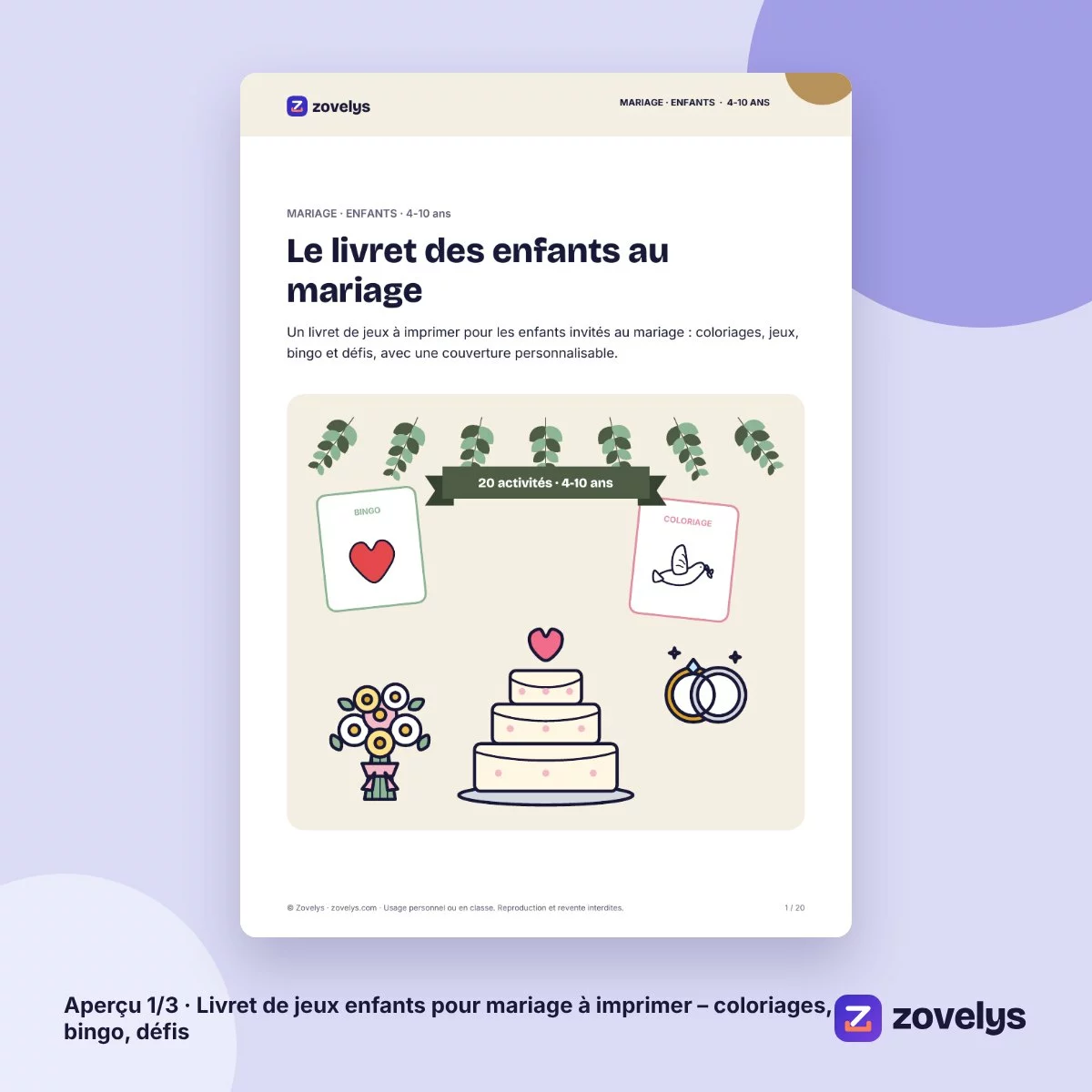 Livret de jeux enfants pour mariage à imprimer – coloriages, bingo, défis – aperçu 1