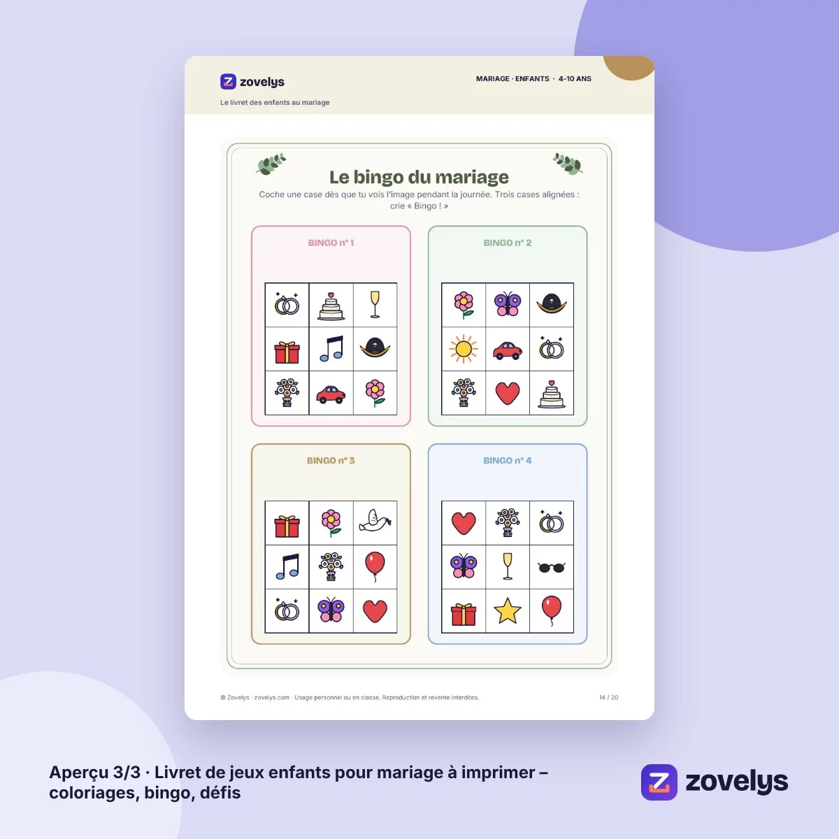 Livret de jeux enfants pour mariage à imprimer – coloriages, bingo, défis – aperçu 3